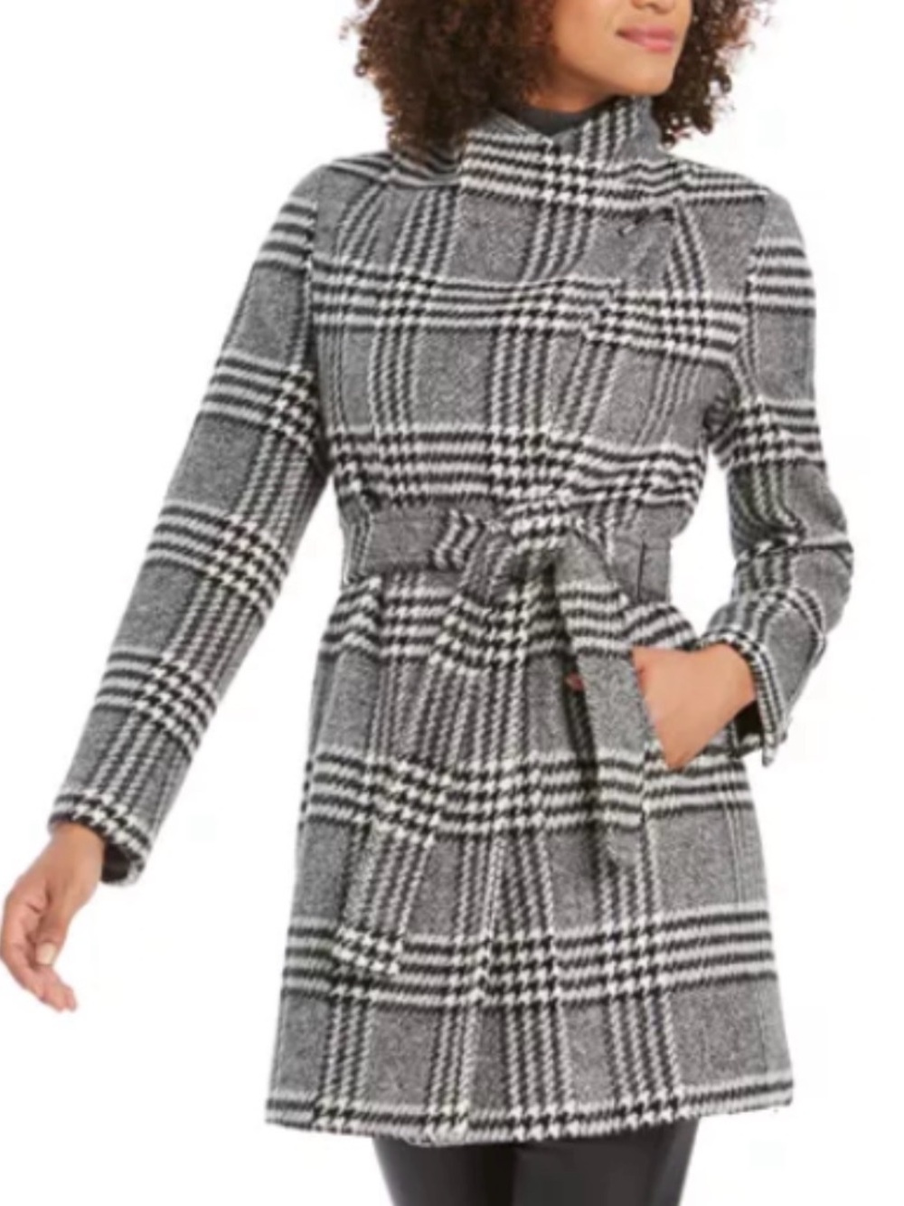 Calvin Klein Wool blend Black & White Plaid Belted Coat